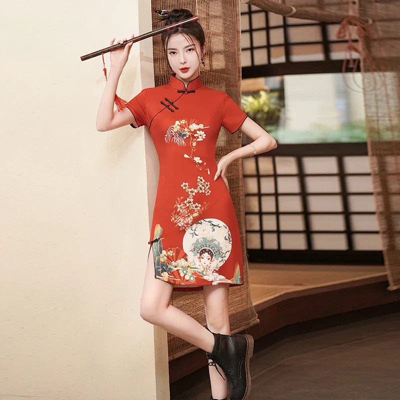 Red Peking Opera Print Cheongsam Dress Short Sleeve