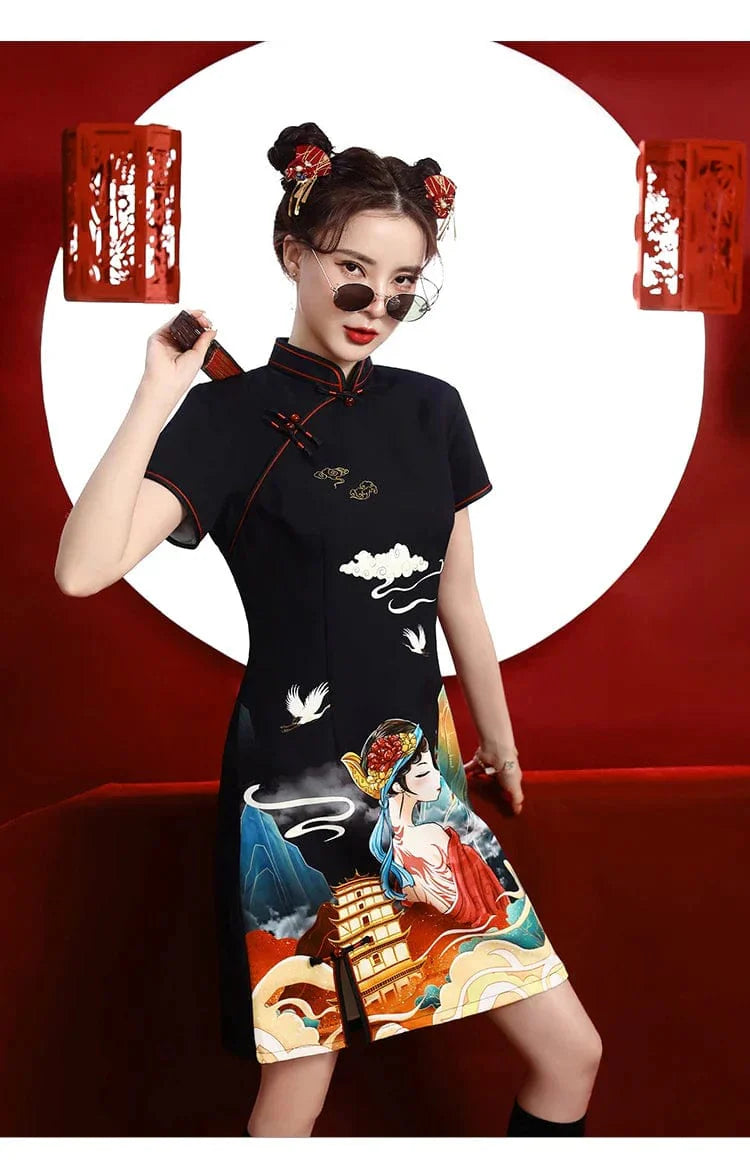 Summer Black Print Cheongsam Dress Short Sleeve