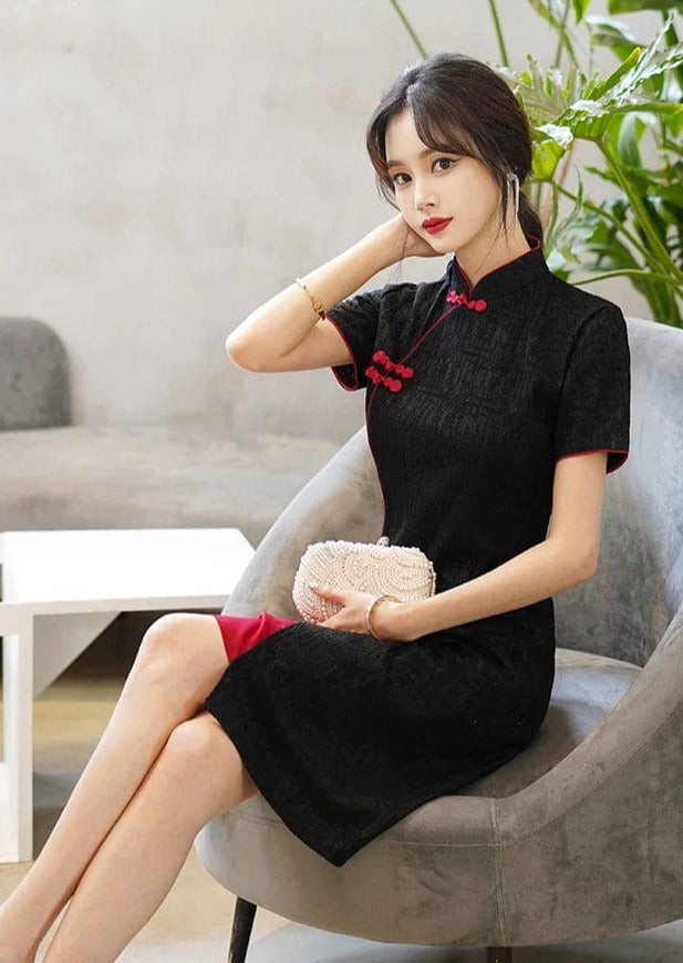 Loose Basic Design Black Red Cheongsam Dress Short Sleeve