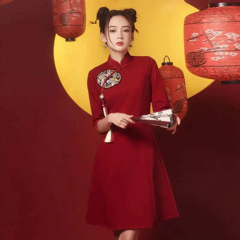 Red Circle Print Ancient Chinese Cheongsam Dress