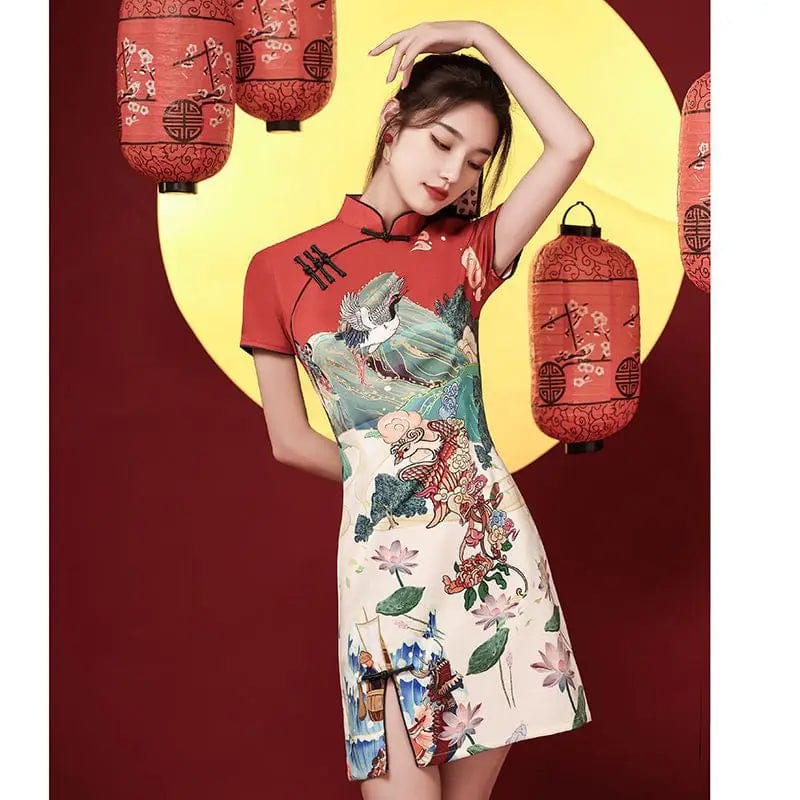 Red Flying Birds Mountain Range Cheongsam Dress