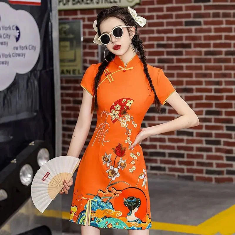 Women Summer Floral Print Cheongsam Dress