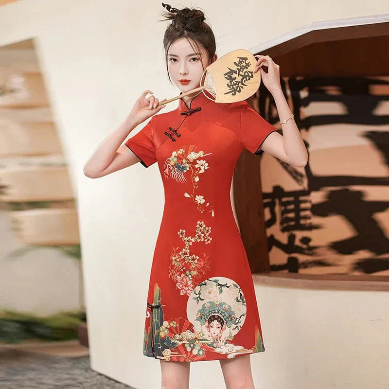 Red Peking Opera Print Cheongsam Dress Short Sleeve