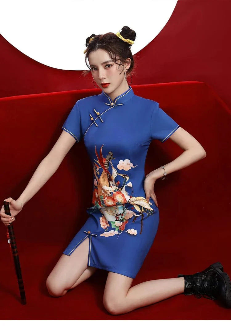 Blue Floral Guitar Print Cheongsam Dress Short Sleeve