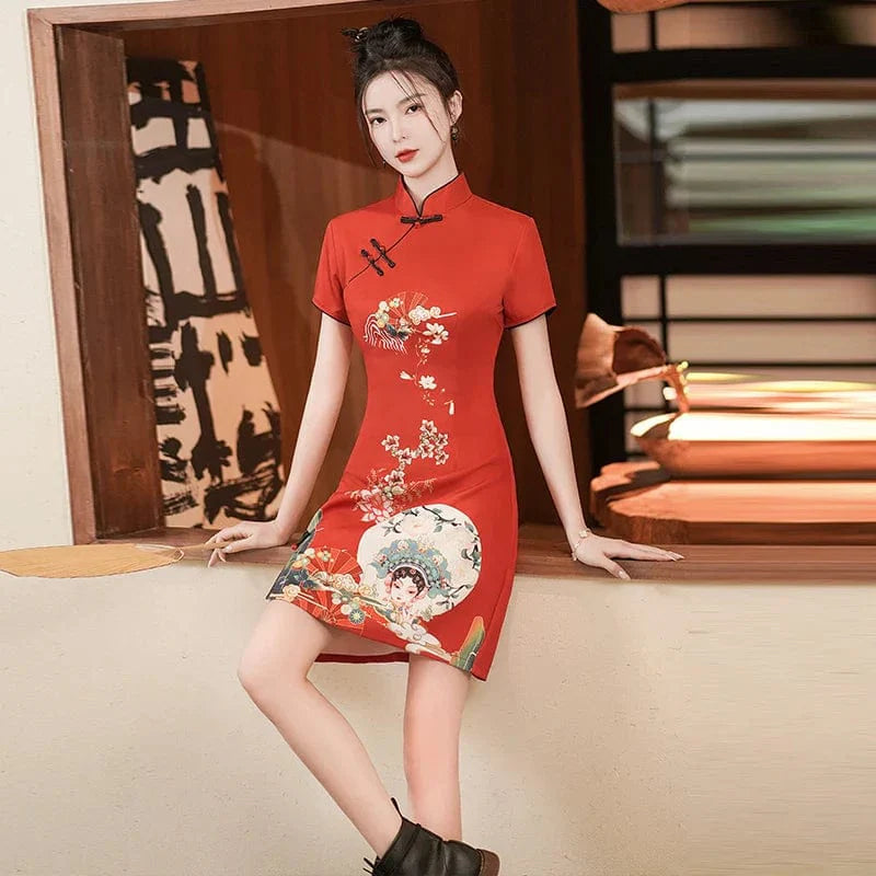 Red Peking Opera Print Cheongsam Dress Short Sleeve