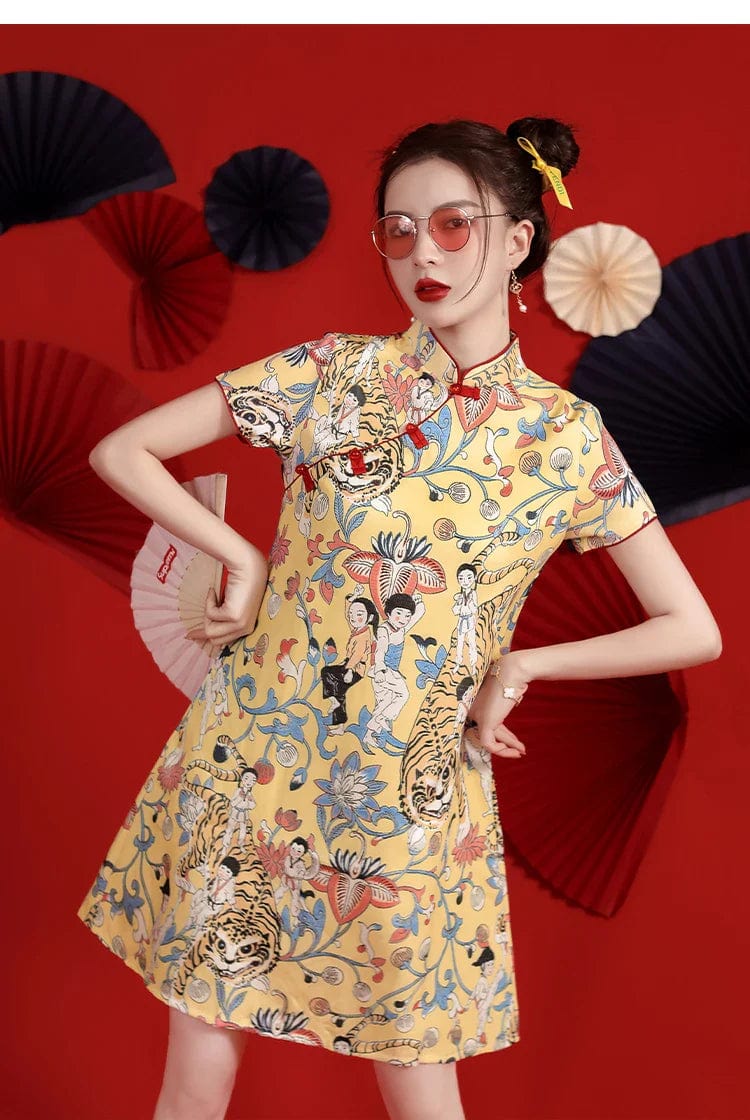 Light Yellow Festival Tiger Print Cheongsam Dress