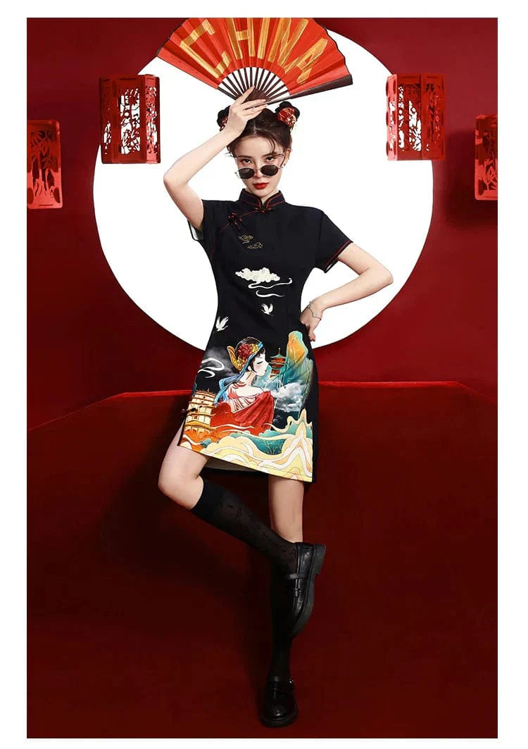 Summer Black Print Cheongsam Dress Short Sleeve