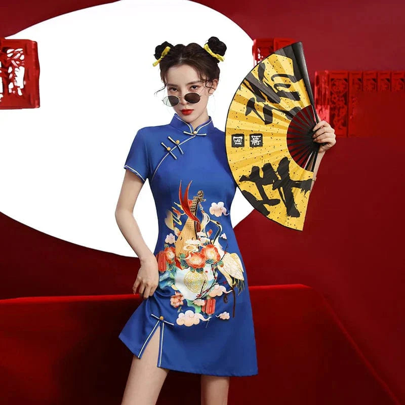 Blue Floral Guitar Print Cheongsam Dress Short Sleeve