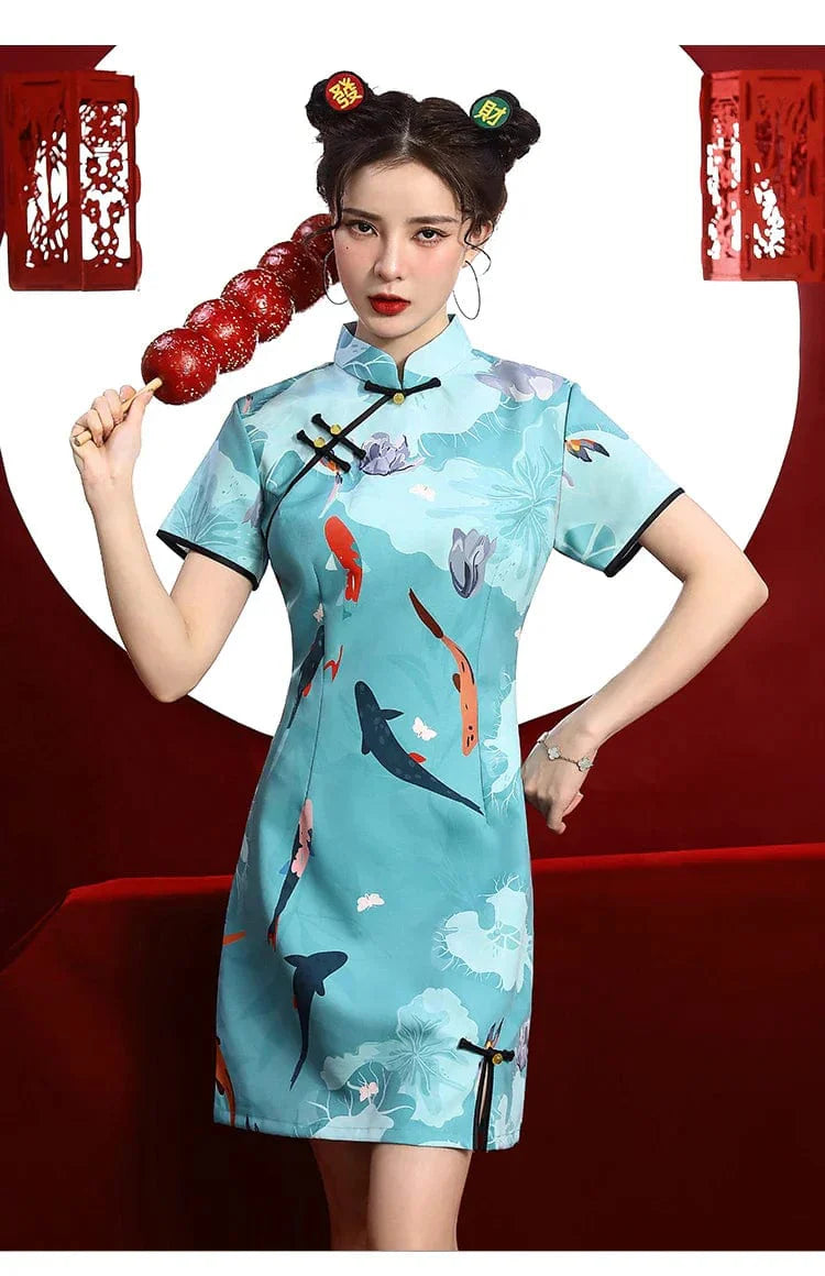 Sky Blue Carp Print Cheongsam Dress Short Sleeve