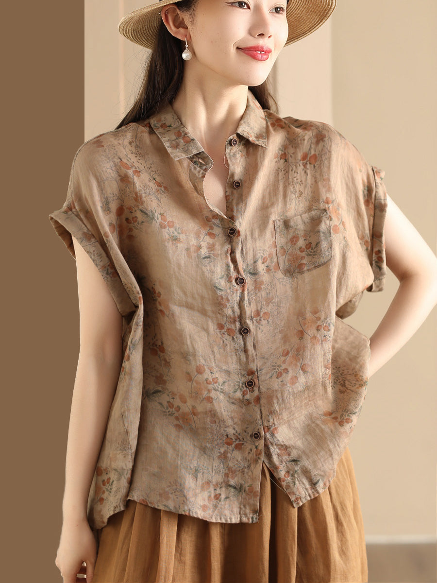 Casual Retro Flower Button-up Ramie Shirt Short Sleeve