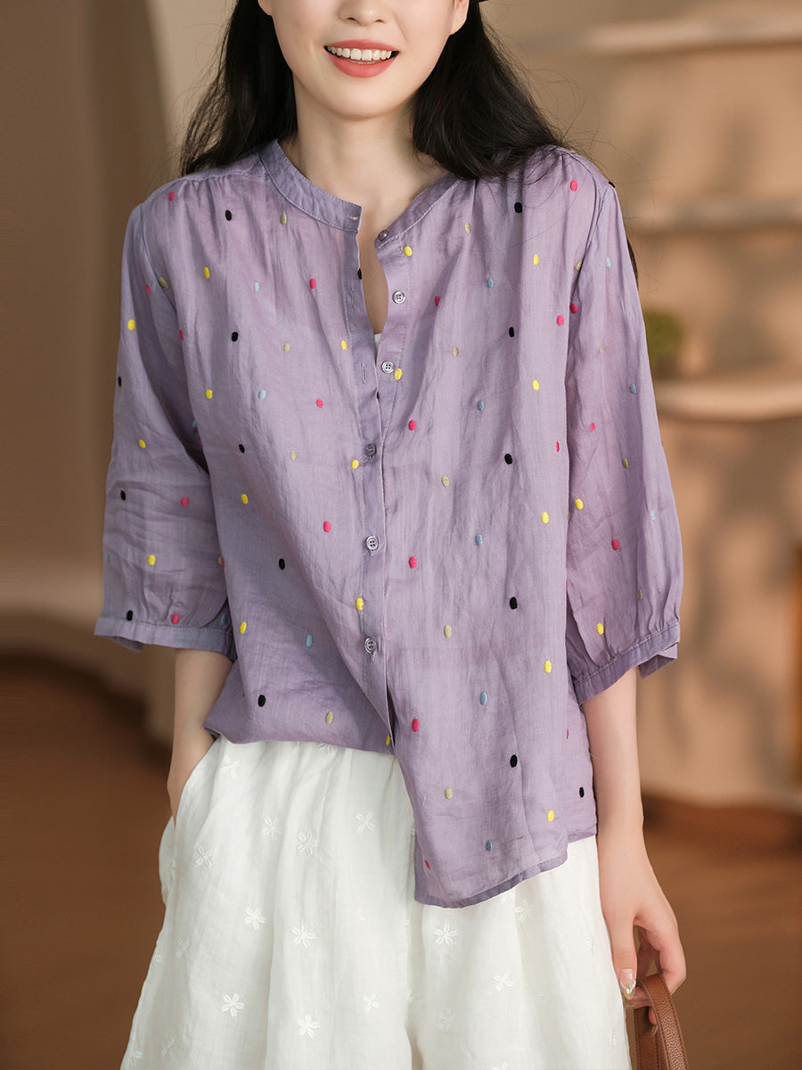 Summer Artsy Colorful Dot Button-up Ramie Shirt