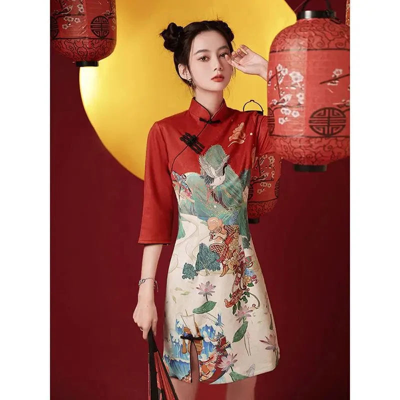 Red Ancient Beautiful Scenery Cheongsam Dress