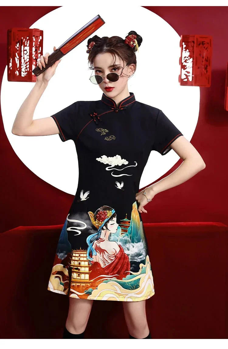 Summer Black Print Cheongsam Dress Short Sleeve