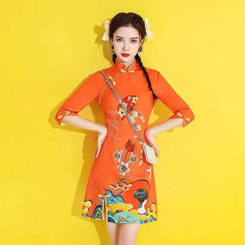 Loose Floral Print Cheongsam Dress Half Sleeve