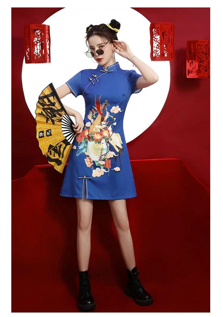 Blue Floral Guitar Print Cheongsam Dress Short Sleeve