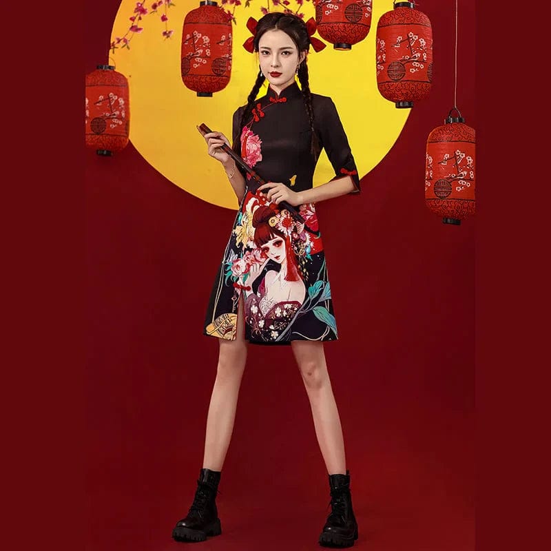 Tattoo Beauty Print Cheongsam Dress Short Sleeve