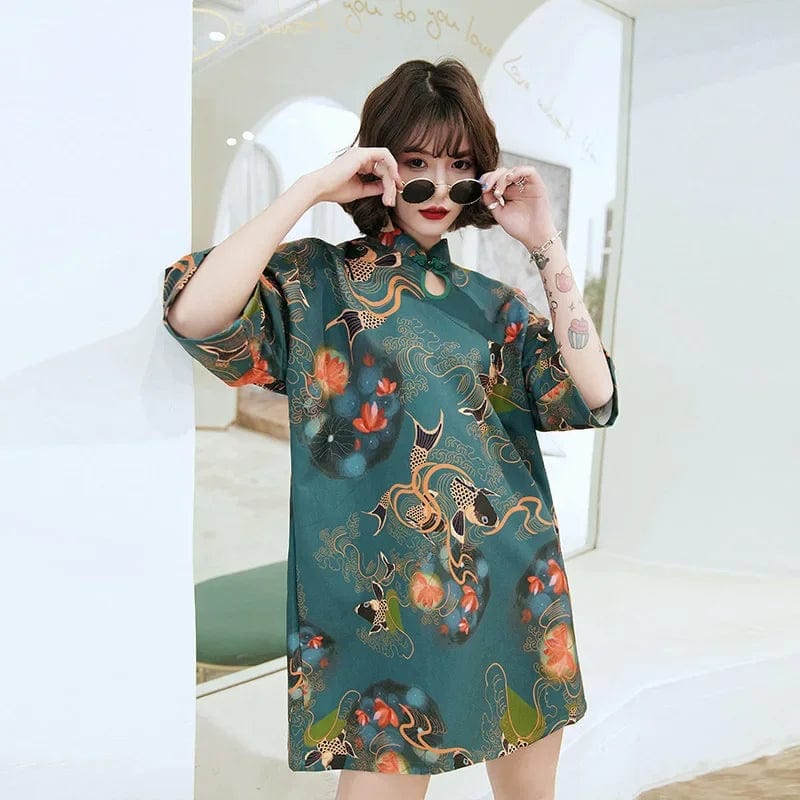 Green Tranquil Jade Carp Cheongsam Dress Half Sleeve