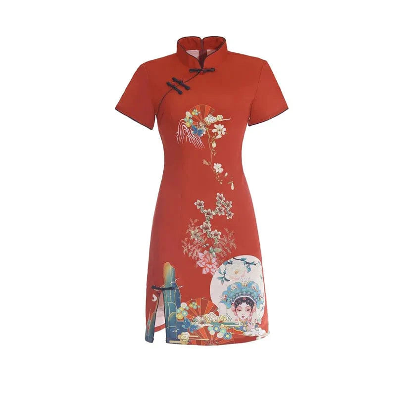 Red Peking Opera Print Cheongsam Dress Short Sleeve