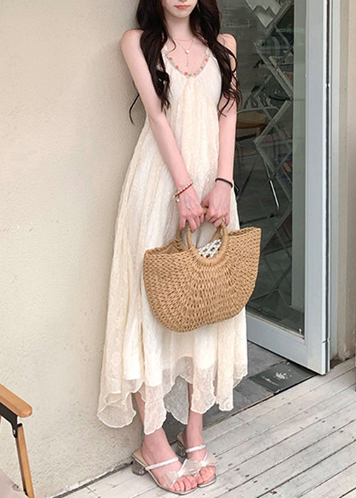 Sexy Beige V Neck Lace Up Patchwork Chiffon Dress Sleeveless