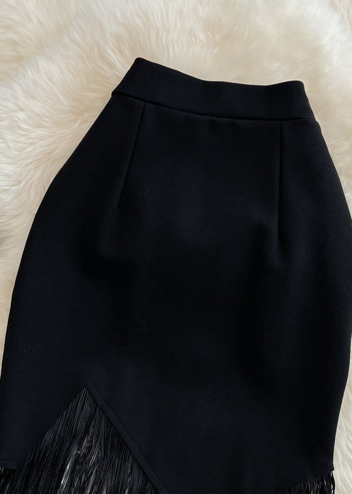 Sexy Black Asymmetrical High Waist Tassel Skirt Spring