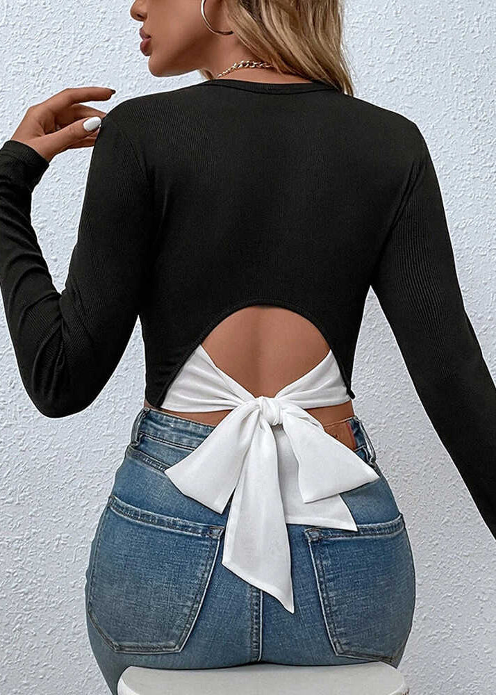 Sexy Black Backless Bow Cotton Tops Spring