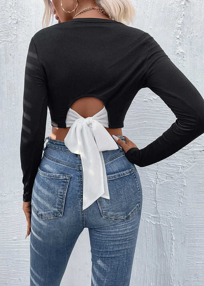 Sexy Black Backless Bow Cotton Tops Spring