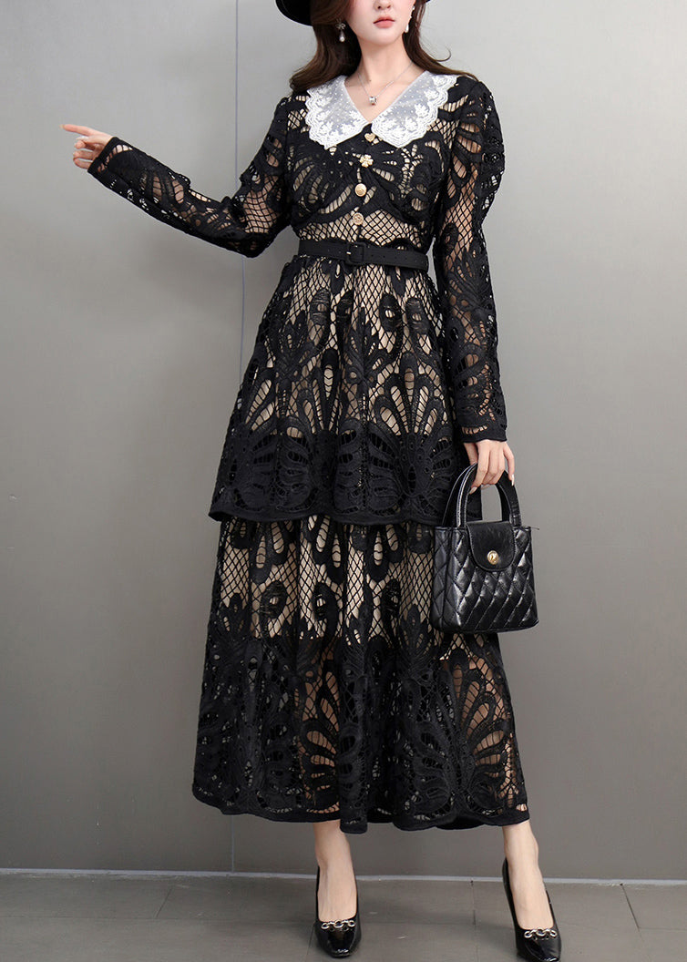 Sexy Black Peter Pan Collar Lace Long Dress Spring