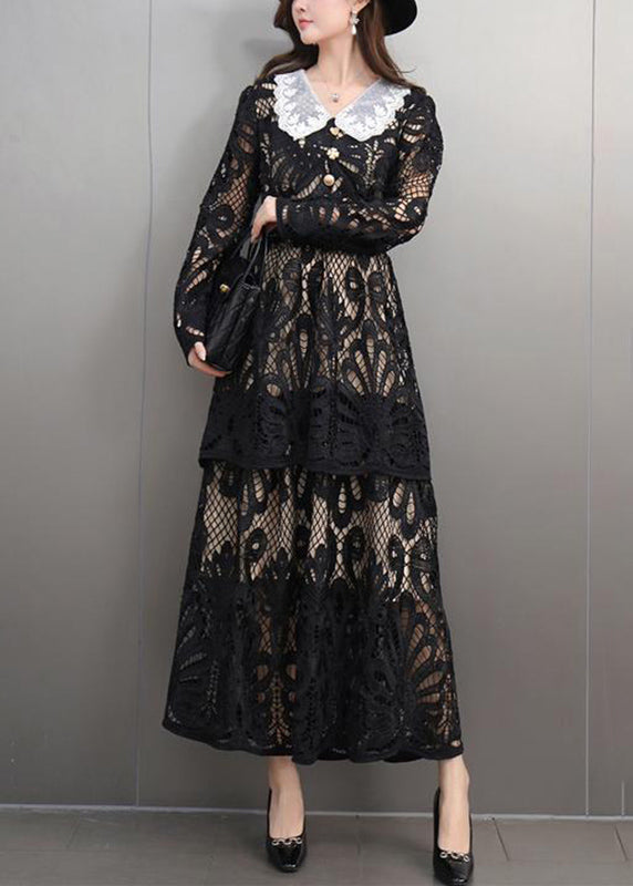 Sexy Black Peter Pan Collar Lace Long Dress Spring