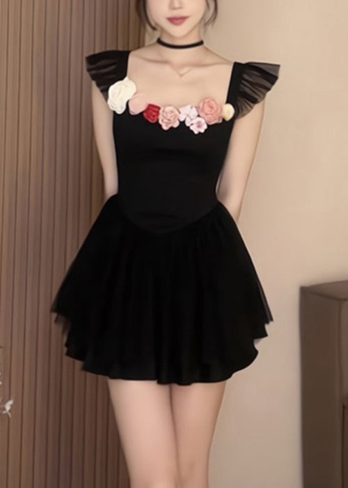 Sexy Black Square Collar Solid Cotton Mid Dress Summer