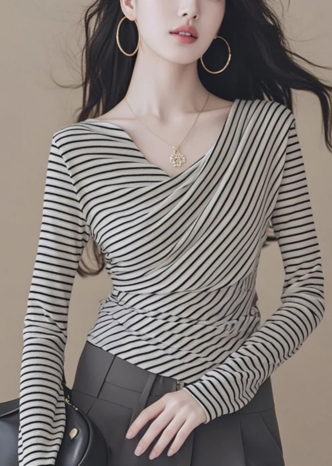 Sexy Black White Striped V Neck Tops Spring