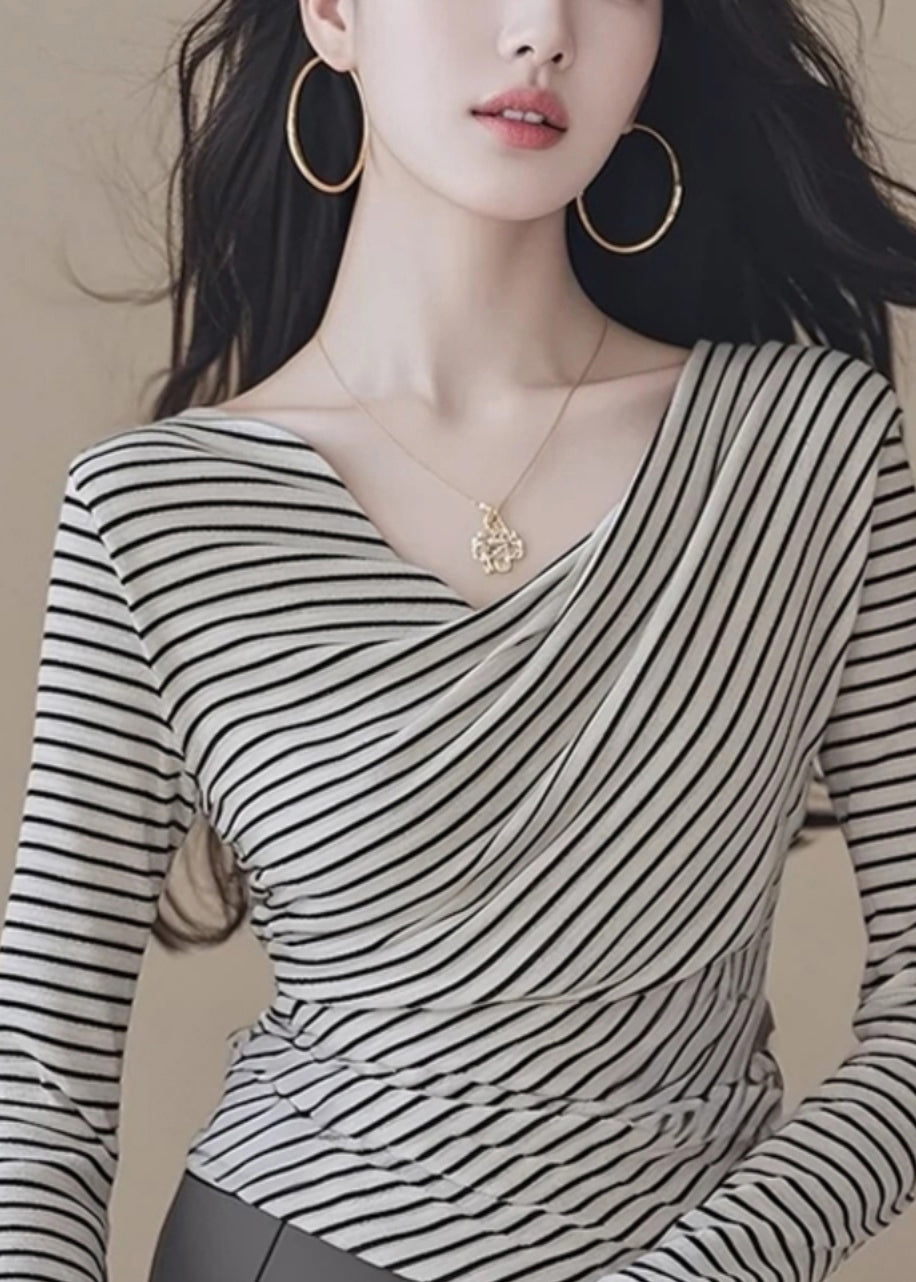 Sexy Black White Striped V Neck Tops Spring