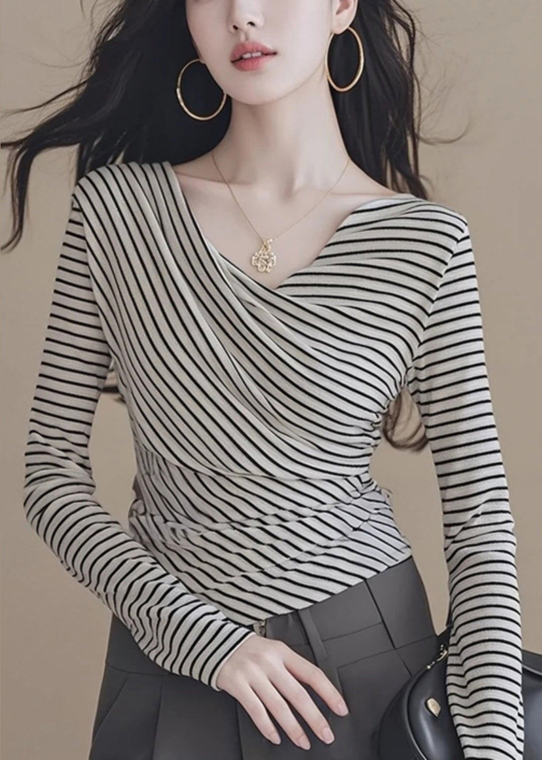 Sexy Black White Striped V Neck Tops Spring