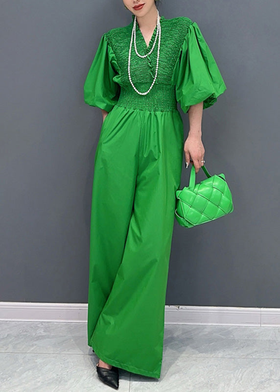 Sexy Green V Neck Wrinkled Elastic Waist Jumpsuit Summer