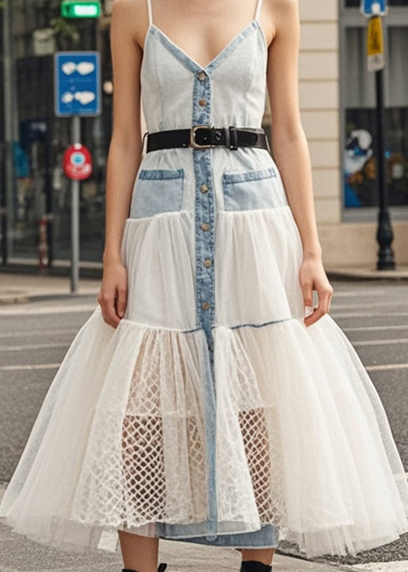 Sexy Light Blue Silm Fit Patchwork Tulle Denim Long Dresses Summer