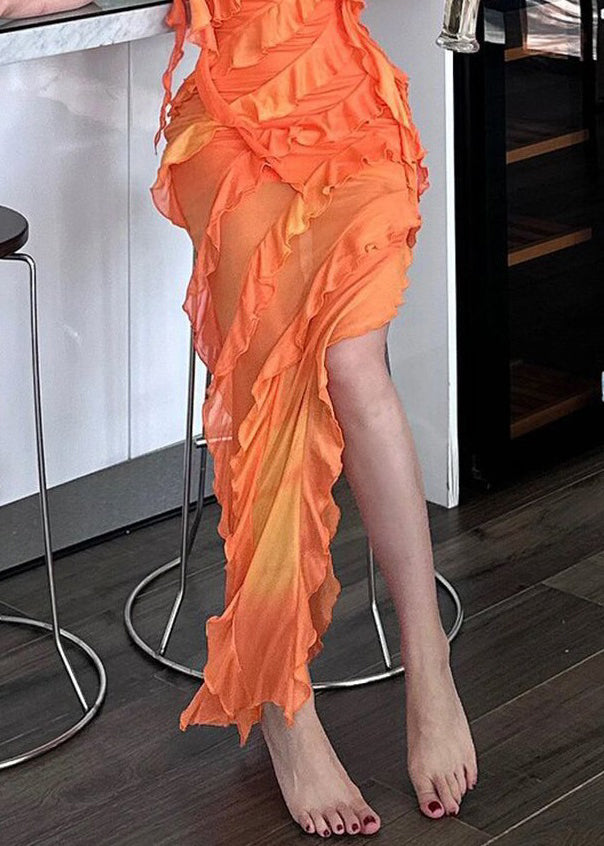 Sexy Orange Asymmetrical Ruffled Tulle Spaghetti Strap Dress Sleeveless