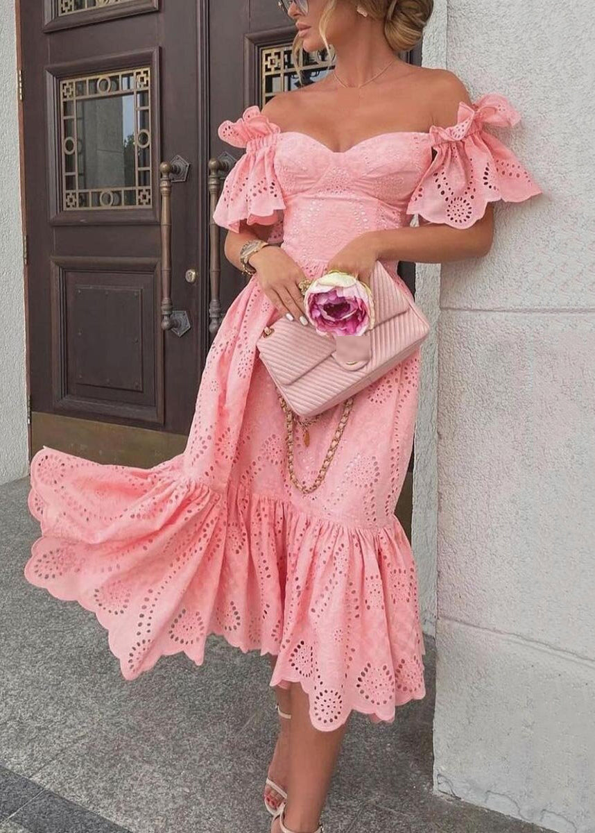 Sexy Pink Hollow Out Solid Cotton Dresses Summer