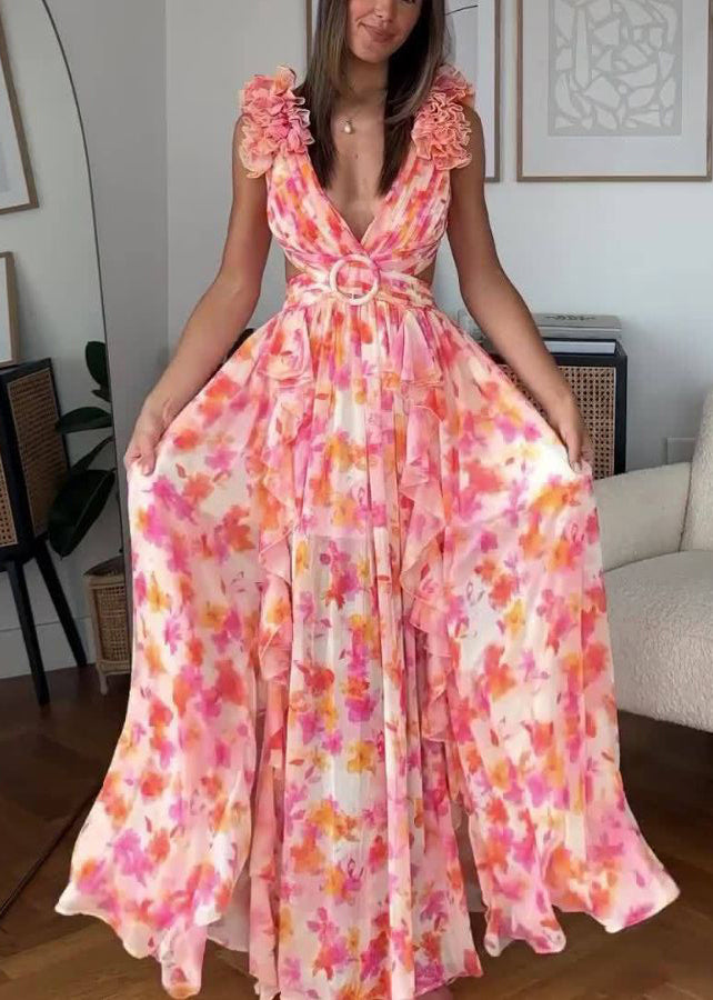 Sexy Pink Ruffled Print Lace Up Cotton Maxi Dress Sleeveless