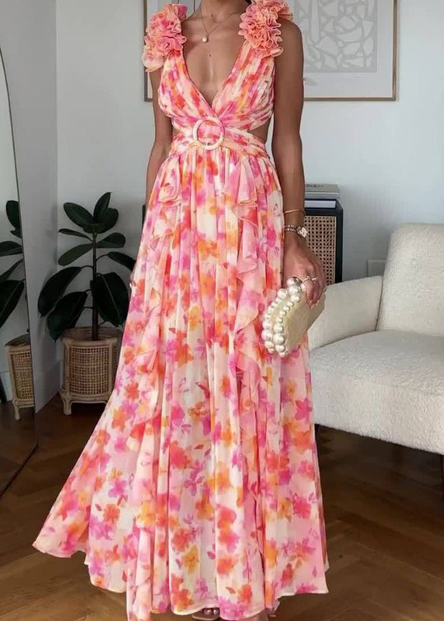 Sexy Pink Ruffled Print Lace Up Cotton Maxi Dress Sleeveless