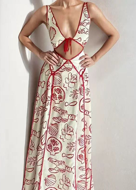 Sexy Red V Neck Print Hollow Out Cotton Dresses Sleeveless