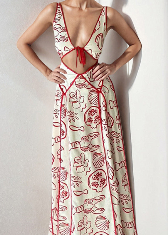 Sexy Red V Neck Print Hollow Out Cotton Dresses Sleeveless