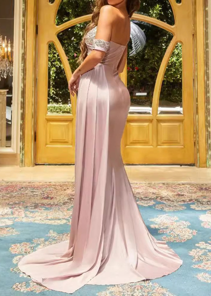 Sexy Silver One Shoulder Side Open Silk Party Dress