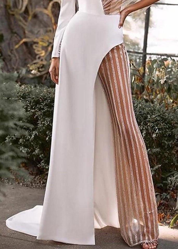 Sexy White Asymmetrical Striped Patchwork Maxi Dress Spring