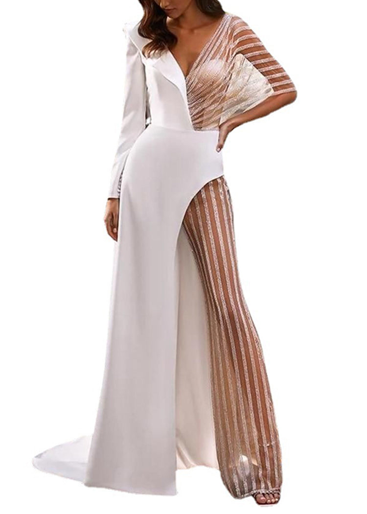 Sexy White Asymmetrical Striped Patchwork Maxi Dress Spring