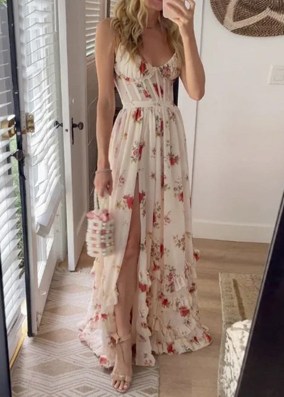 Sexy White Ruffled Print Side Open Cotton Long Dresses Sleeveless