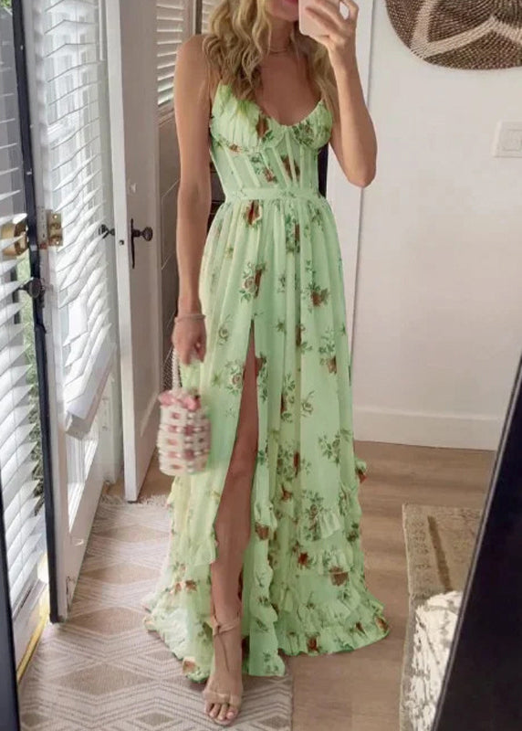 Sexy White Ruffled Print Side Open Cotton Long Dresses Sleeveless