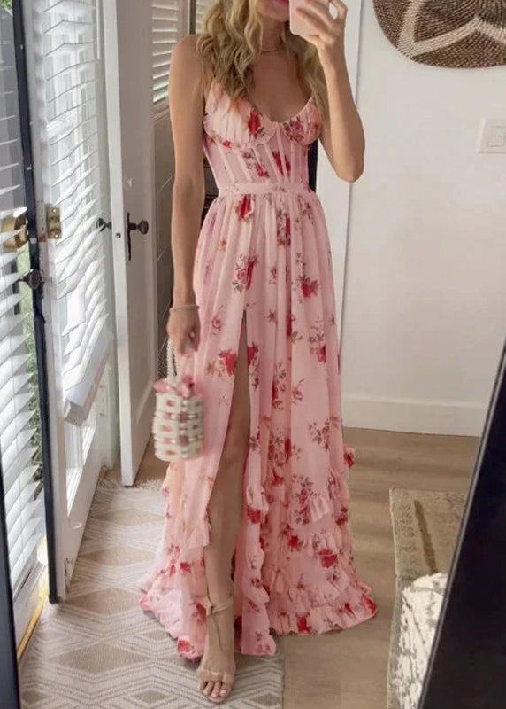 Sexy White Ruffled Print Side Open Cotton Long Dresses Sleeveless