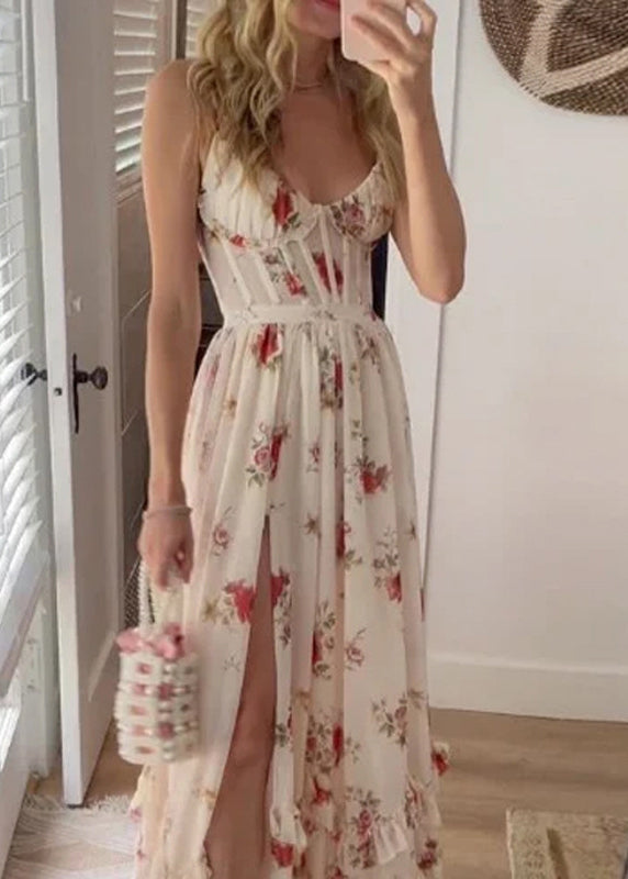 Sexy White Ruffled Print Side Open Cotton Long Dresses Sleeveless