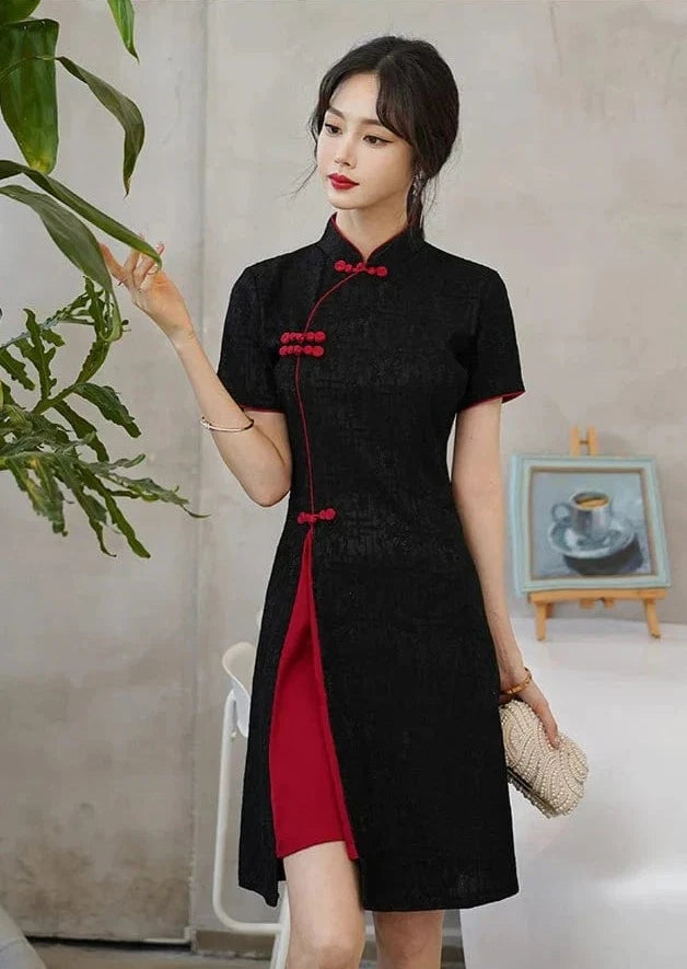 Loose Basic Design Black Red Cheongsam Dress Short Sleeve