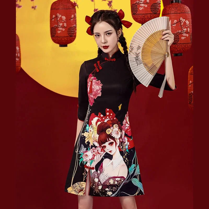 Tattoo Beauty Print Cheongsam Dress Short Sleeve