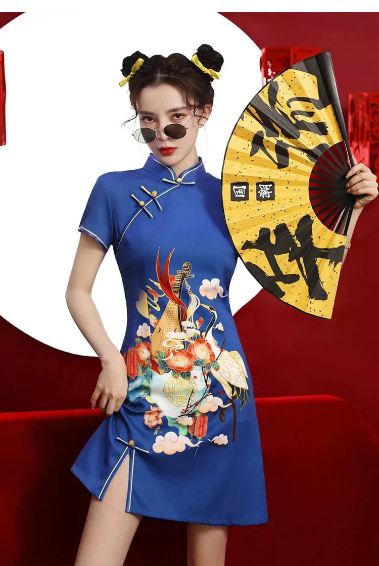 Blue Floral Guitar Print Cheongsam Dress Short Sleeve